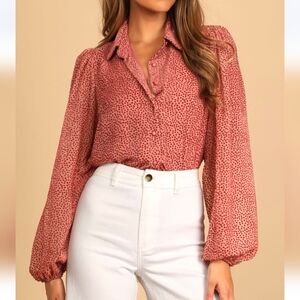 NWOT Lulus Blush Pink Dotted Long Sleeve Button-up